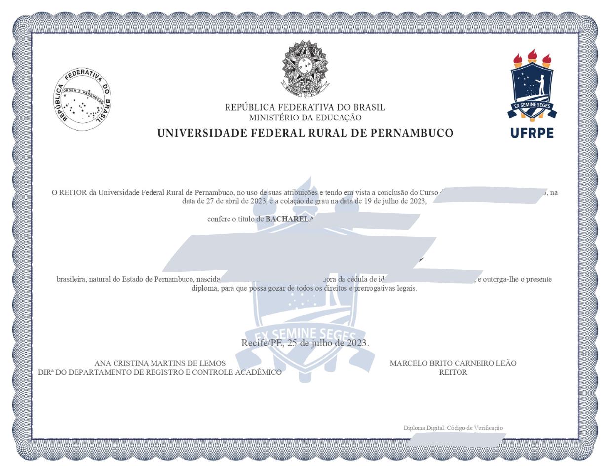 exemplo de diploma digital com dados pessoais apagados