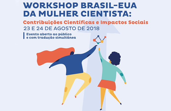 cartaz do evento: duas meninas e uma molécula em animação saltando