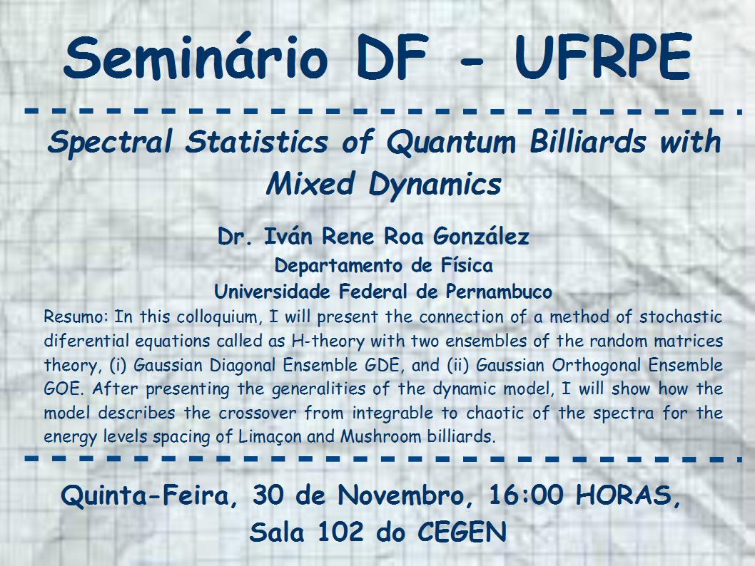 Imagem divulgando seminário no Departamento de Física da UFRPE nesta quinta-feira (30/11)